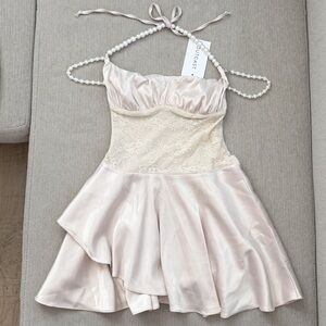 Outcast Lai Mini Dress Cream Satin with Pearl Halter Neck and Off Shoulder Strap